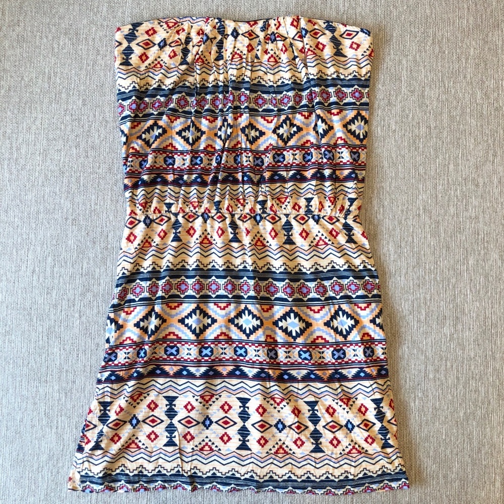 Colorful, tribal print strapless dress